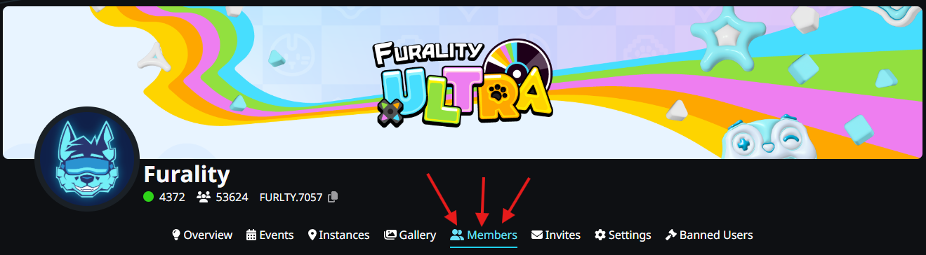 An image of the Furality group banner on the VRChat website. There are arrows pointing at the 'Members' category.