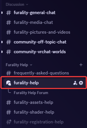 An image showing the channels on the Furality Discord server. The Furality-help forum is highlighted.