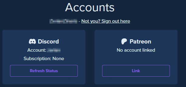 An image showing the 'Accounts' area on the Furality Online website. On the left there is the linked Discord account information, and a button to refresh the status of the Discord account. On the right, there is the Patreon linked account information, and a button to link accounts. There is a button at the top to sign out if you are in the wrong Furality account.