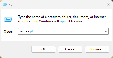 An image showing the 'Run' window on a Windows OS machine. It says 'Type the name of a program, folder, document, or internet resource, and Windows will open it for you.'. In the 'Open' dialogue box, 'ncpa.cpl' has been typed. Below the dialogue box, you can press 'Ok', 'Cancel', or 'Browse...'.