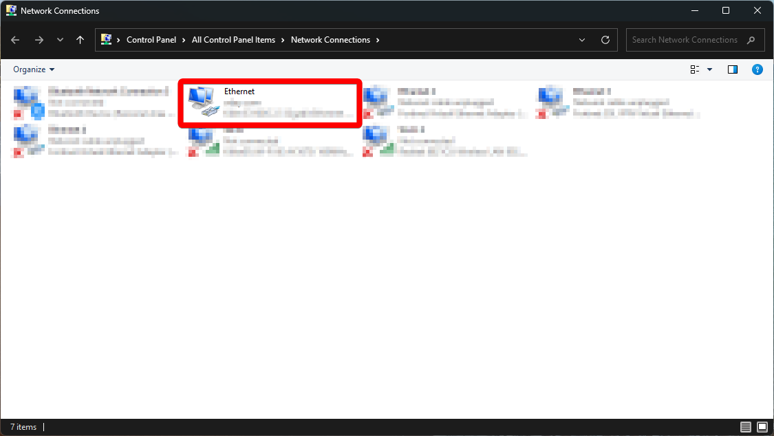 An image showing the 'Network Connections' window on a Windows OS machine. Highlighted is an 'Ethernet' configuration option.