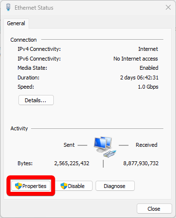 An image of the 'Ethernet Status' with the 'Properties' button highlighted.