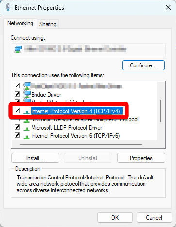 An image of the 'Ethernet Properties' window, inside the 'networking' category, there is a tick-box option for 'Internet Protocol Version 4 (TCP/IPv4', which is highlighted.