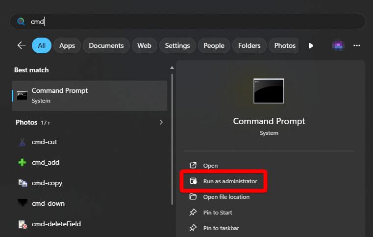 This is an image showing the Windows OS Start system menu, 'cmd' has been typed into the search which has found 'command prompt'. There is an option to 'run as administrator' highlighted.