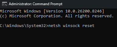An image of 'command prompt' with the text 'netsh winsock reset' typed into it.